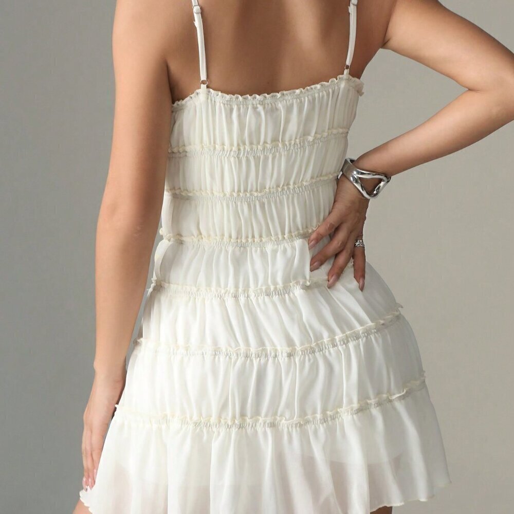 Beige Casual Women's Solid Color Tie-Up Ruched Slip Dress - Picture 2 of 4